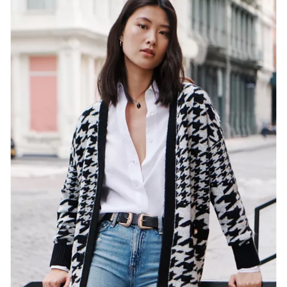 Aqua Black and White Houndstooth Cardigan